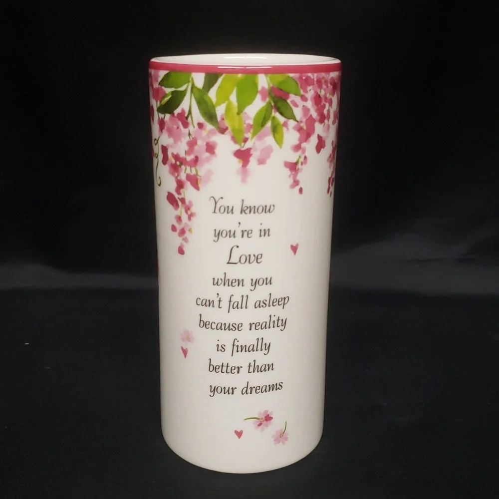 Ganz NWT Floral Ceramic Vase with Arranger and Love Quote, Pink & Ivory